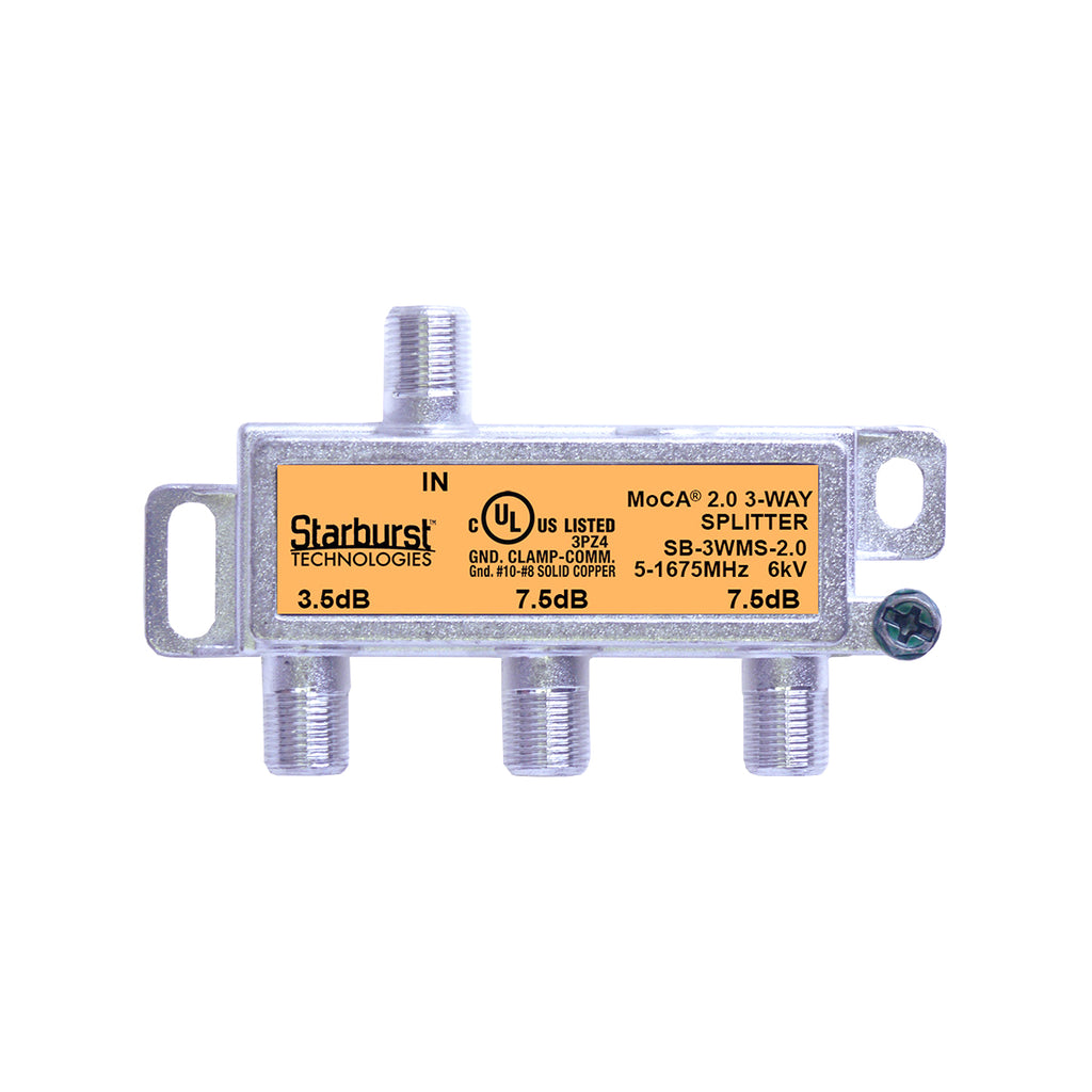 SB-3WMS-2.0 - 3 Way Horizontal Coaxial Cable Splitter, 6Kv Rated, 5-1675 MHz Wide Band For Ethernet Over Coax Universal Home Networking, Compatible With 1GHz, MoCA 2.0, HPNA and DOCSIS 3.1 Networks