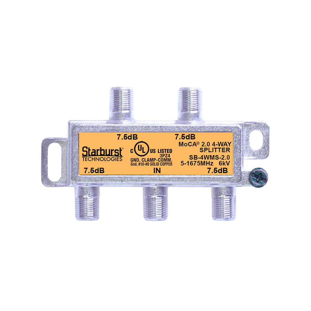 SB-4WMS-2.0 - 4 Way Horizontal Coaxial Cable Splitter, 6Kv Rated, 5-1675 MHz Wide Band For Ethernet Over Coax Universal Home Networking, Compatible With 1GHz, MoCA 2.0, HPNA and DOCSIS 3.1 Networks