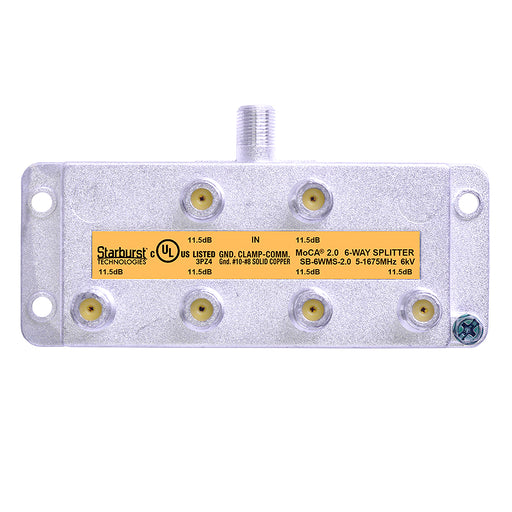 SB-6WMS-2.0 - 6 Way Vertical Coaxial Cable Splitter, 6Kv Rated, 5-1675 MHz Wide Band For Ethernet Over Coax Universal Home Networking, Compatible With 1GHz, MoCA 2.0, HPNA and DOCSIS 3.1 Networks